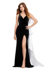 Front. Black/White ASHLEYlauren 11527 Velvet Gown with V-Neckline, Open Back, Satin Bow Detail, and Fitted Skirt with Sweep Train