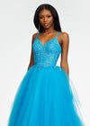 Front. Blue ASHLEYlauren 11146 Pleated Tulle Ball Gown with Spaghetti Straps, Embroidered Lace Bustier, Heat Set Stones, and Lace-Up Back