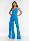 Front. Blue ASHLEYlauren 11152 One-Shoulder Jumpsuit in Signature Corset Fabric with Cascading Side Ruffle and Exposed Industrial Zipper