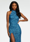Front. Blue ASHLEYlauren 11174 Fully Hand-Beaded Sequin Gown with Halter Neckline, Full Back, and Right Leg Slit