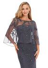 Front. Charcoal ASHLEYlauren 11211 Sophisticated Strapless Gown with Sweetheart Neckline, Floral Beaded Motif, and Detachable Crew Neckline Overlay
