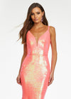 Front. Coral ASHLEYlauren 11108 Sequin Gown with Spaghetti Straps, Illusion V-Neckline, Deep V-Back, Fitted Silhouette, and Horsehair Hem