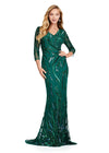 Front. Dark Emerald ASHLEYlauren 11205 Sophisticated Fitted Gown with V-Neckline, Fully Sequin Beaded Design, Three Quarter Sleeves, High Back, and Sweep Train