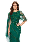 Front. Dark Emerald ASHLEYlauren 11213 Elegant Hand Beaded Gown with Crew Neckline, Intricate Bead Motif, Asymmetrical Overlay Detail, and High Back