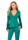 Front. Dark Emerald ASHLEYlauren 11315 two-piece scuba suit featuring a V-neckline, dramatic sleeve details adorned with feathers and crystals, and flared pants for a bold and sophisticated look.