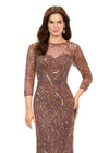 Front. Dark Taupe ASHLEYlauren 11208 Elegant Evening Gown with Crew Neckline, Intricate Hand Beaded Design, Fitted Mesh Sleeves, and High Illusion Back