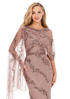 Front. Dark Taupe ASHLEYlauren 11213 Elegant Hand Beaded Gown with Crew Neckline, Intricate Bead Motif, Asymmetrical Overlay Detail, and High Back