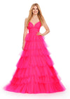 Front. Electric Coral ASHLEYlauren 11622 Tulle Ball Gown with Sweetheart Neckline, Ruched Bustier, Spaghetti Straps, and Tiered Tulle Skirt