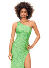 Front. Electric Lime ASHLEYlauren 11285 One Shoulder Sequin Gown with Adjustable Straps, Keyhole Back Cut Out, Fully Hand Beaded Design, and Left Leg Slit