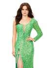 Front. Electric Lime ASHLEYlauren 11291 fully hand-beaded gown featuring a one sleeve design, sweetheart neckline, adjustable lace-up bustier, right leg slit, and a sweep train for an elegant and sophisticated look.