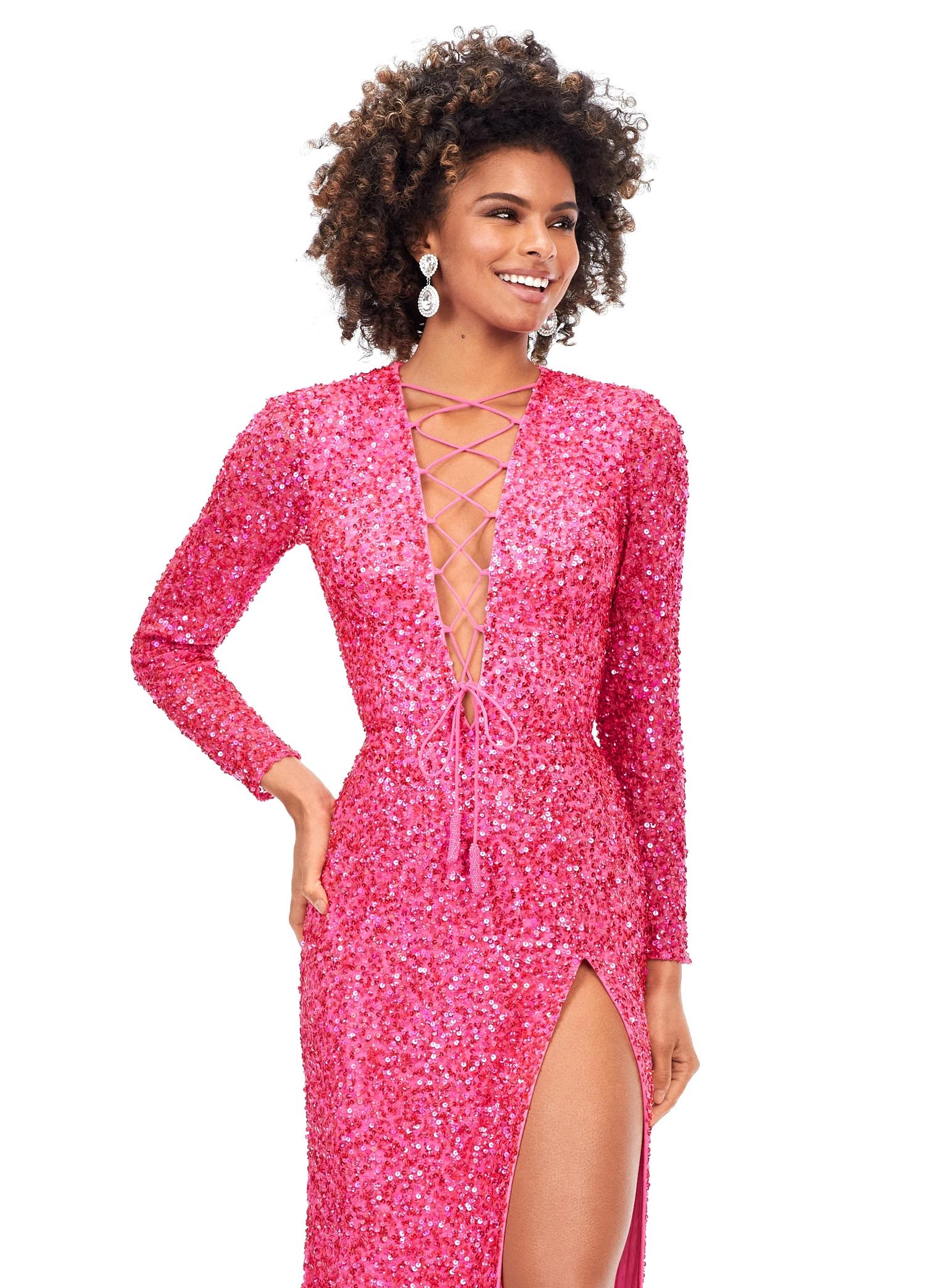 Front. Electric Pink ASHLEYlauren 11241 Fully Sequin Fitted Gown with Lace-Up Bustier, Long Sleeves, and Left Leg Slit