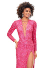 Front. Electric Pink ASHLEYlauren 11241 Fully Sequin Fitted Gown with Lace-Up Bustier, Long Sleeves, and Left Leg Slit