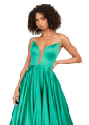 Front. Emerald ASHLEYlauren 11250 elegant satin ball gown featuring an illusion V-neckline, strapless design, full A-line skirt with pockets, and a sweeping train for a timeless and sophisticated look.