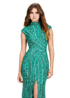 Front. Emerald ASHLEYlauren 11395 fully beaded sequin gown featuring an intricate beaded motif, high neckline, cap sleeves, and a modest front slit for an elegant and regal look.