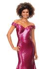 Front. Fuchsia ASHLEYlauren 11107 Off-Shoulder Sequin Gown with Criss-Cross Open Back, Fit & Flare Silhouette, and Horsehair Hem