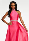 Front. Fuchsia ASHLEYlauren 11148 High Neck Mikado Column Gown with Open Back, Beaded Neckline and Belt, and Attached Overskirt