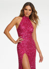 Front. Fuchsia ASHLEYlauren 11174 Fully Hand-Beaded Sequin Gown with Halter Neckline, Full Back, and Right Leg Slit