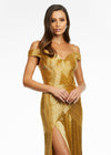 Front. Gold ASHLEYlauren 11157 Off-Shoulder Gown with Sweetheart Neckline, Fully Liquid Beading, Right Leg Slit, and Puddle Train