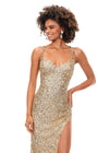 Front. Gold ASHLEYlauren 11342 sequin gown featuring double spaghetti straps, a sweetheart neckline, lace-up back with beaded fringe tassels, and a left leg slit for a glamorous and elegant look.