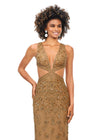 Front. Gold ASHLEYlauren 11366 stunning hand-beaded gown featuring a deep V-neckline, intricate bead pattern, side cut outs, a lace-up open back, and a sweep train for a bold and glamorous statement look.