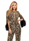 Front. Gold/Black ASHLEYlauren 11394 extravagant fully beaded jumpsuit featuring a crew neckline, illusion cut-out, open back, and feathered cuffs for a bold and statement-making look.