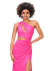 Front. Hot Pink ASHLEYlauren 11303 One Shoulder Jersey Gown with Ruched Bodice, Asymmetrical Cut Outs, Fitted Wrap Skirt, and Exposed Metal Zipper Back