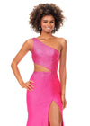 Front. Hot Pink ASHLEYlauren 11337 One Shoulder Fitted Jersey Gown Embellished with Heat Set Stones, Asymmetrical Shark Bite Cut Out, and Left Leg Slit