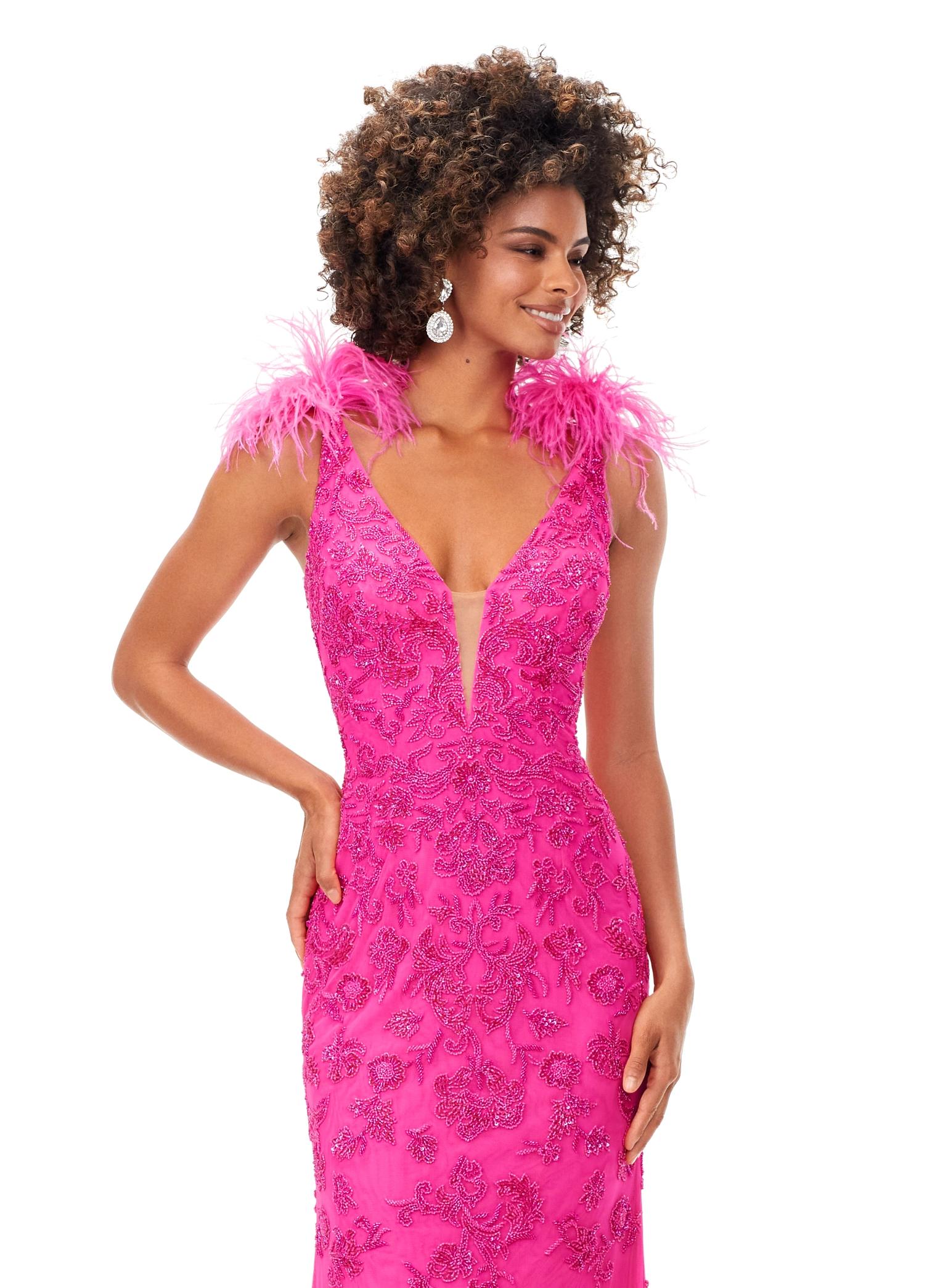 Front. Hot Pink ASHLEYlauren 11349 beaded gown featuring a V-neckline, feather shoulder details, V-back, and a sweep train for an elegant and dramatic look.