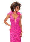 Front. Hot Pink ASHLEYlauren 11349 beaded gown featuring a V-neckline, feather shoulder details, V-back, and a sweep train for an elegant and dramatic look.