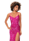 Front. Hot Pink ASHLEYlauren 11363 stunning hand-beaded gown featuring a sweetheart neckline, delicate spaghetti straps, an open back, and an intricate sequin pattern cascading throughout, complete with a left leg slit for a bold and glamorous look.