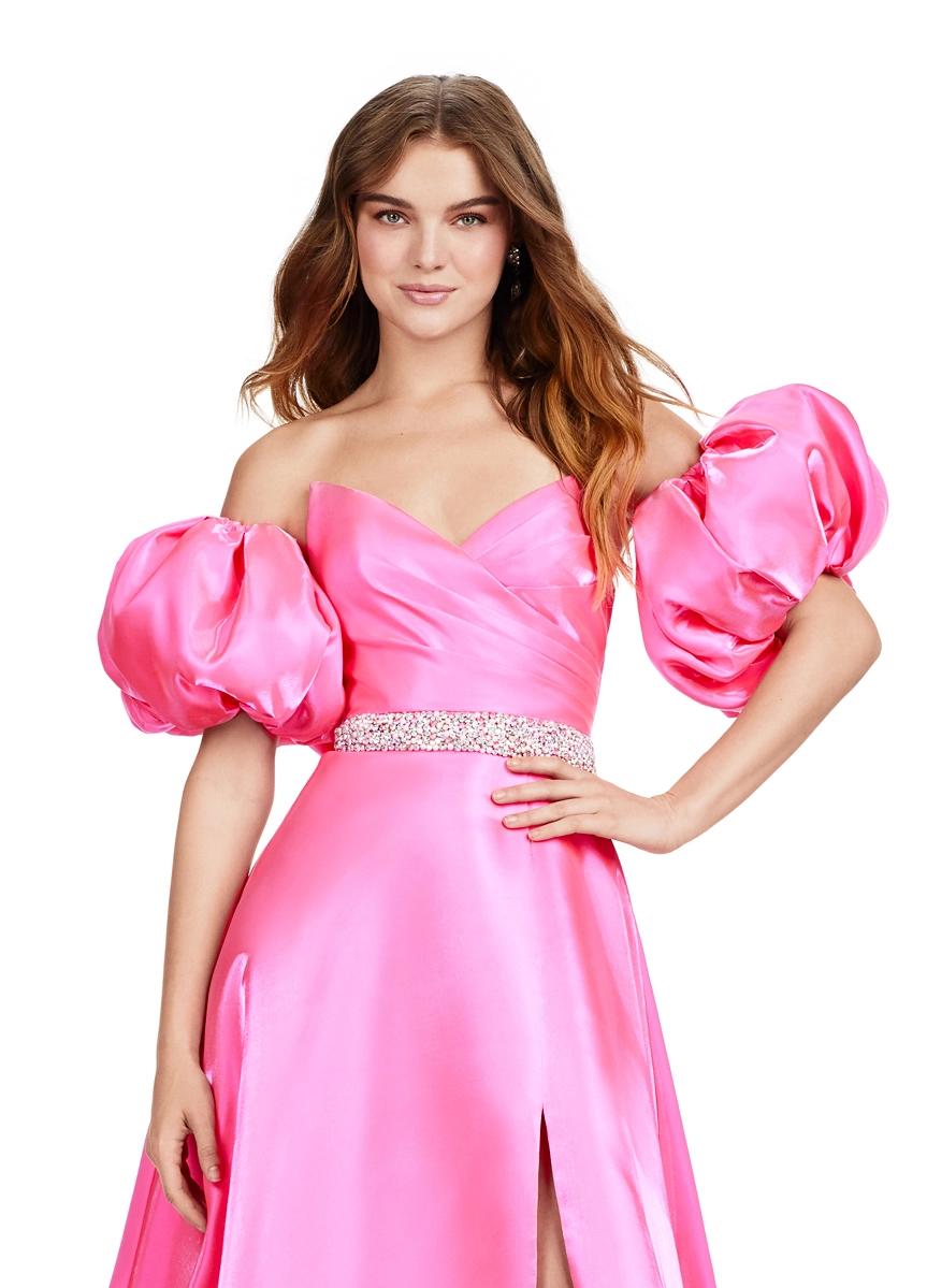 Front. Hot pink ASHLEYlauren 11474 strapless satin ball gown with sweetheart neckline, beaded belt, left leg slit, and detachable puff sleeves