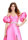Front. Hot pink ASHLEYlauren 11474 strapless satin ball gown with sweetheart neckline, beaded belt, left leg slit, and detachable puff sleeves