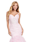 Front. Ice pink ASHLEYlauren 11475 mermaid gown with exposed corset bodice, lace detailing, and dramatic ruffled tulle trumpet skirt