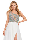 Front. Ivory ASHLEYlauren 11245 One Shoulder Chiffon Gown with Turquoise & Crystal Beading and Illusion Cut Out