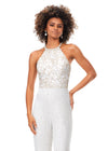 Front. Ivory ASHLEYlauren 11339 unique halter-style jumpsuit featuring an intricately hand-beaded bodice, open back, and flowing wide-leg pants for a bold and sophisticated statement look.