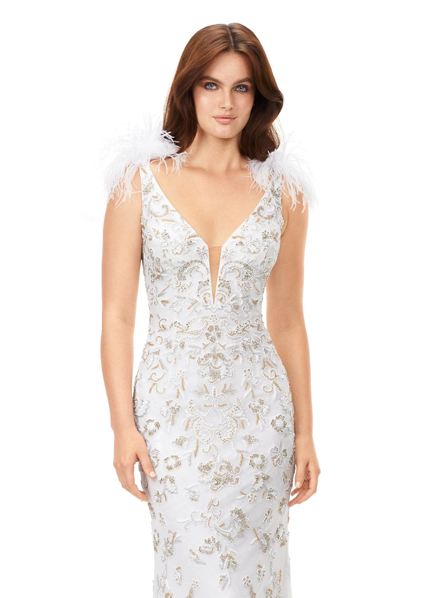 Front. Ivory ASHLEYlauren 11349 beaded gown featuring a V-neckline, feather shoulder details, V-back, and a sweep train for an elegant and dramatic look.