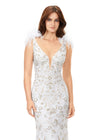 Front. Ivory ASHLEYlauren 11349 beaded gown featuring a V-neckline, feather shoulder details, V-back, and a sweep train for an elegant and dramatic look.