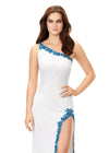 Front. Ivory ASHLEYlauren 11352 liquid beaded gown featuring a one shoulder neckline with crystal trim, a left leg slit, and a sweep train for an elegant and sophisticated look.