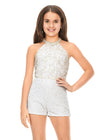 Front. Ivory ASHLEYlauren Kids 8187 Hand Beaded Halter Romper with Beaded Bodice and Shorts