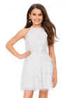 Front. Ivory ASHLEYlauren Kids 8196 Fully Beaded A-Line Cocktail Dress with Halter Neckline and Feather Details