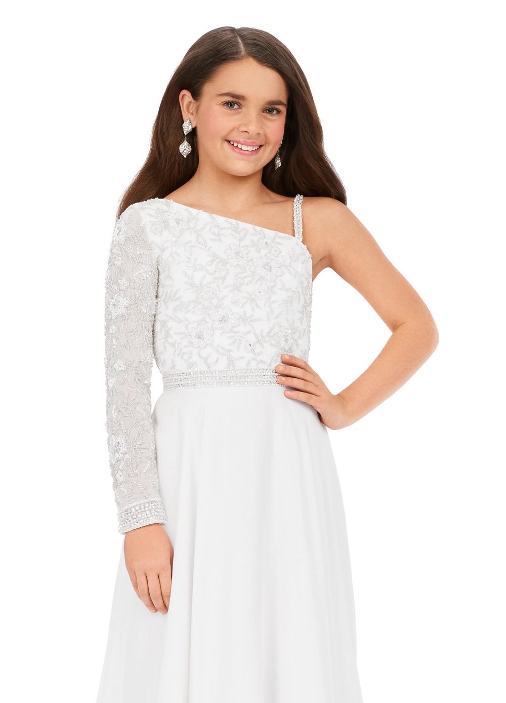 Front. Ivory ASHLEYlauren Kids 8197 One Shoulder Gown with Beaded Bustier and Chiffon Skirt
