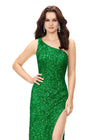 Front. Kelly Green ASHLEYlauren 11285 One Shoulder Sequin Gown with Adjustable Straps, Keyhole Back Cut Out, Fully Hand Beaded Design, and Left Leg Slit