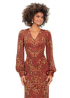 Front. Light Amber ASHLEYlauren 11193 Ultra Chic Fully Sequin Gown with Ornate Beading, V-Neckline, Bishop Sleeves, High Zip Back, and Center Back Vent Slit