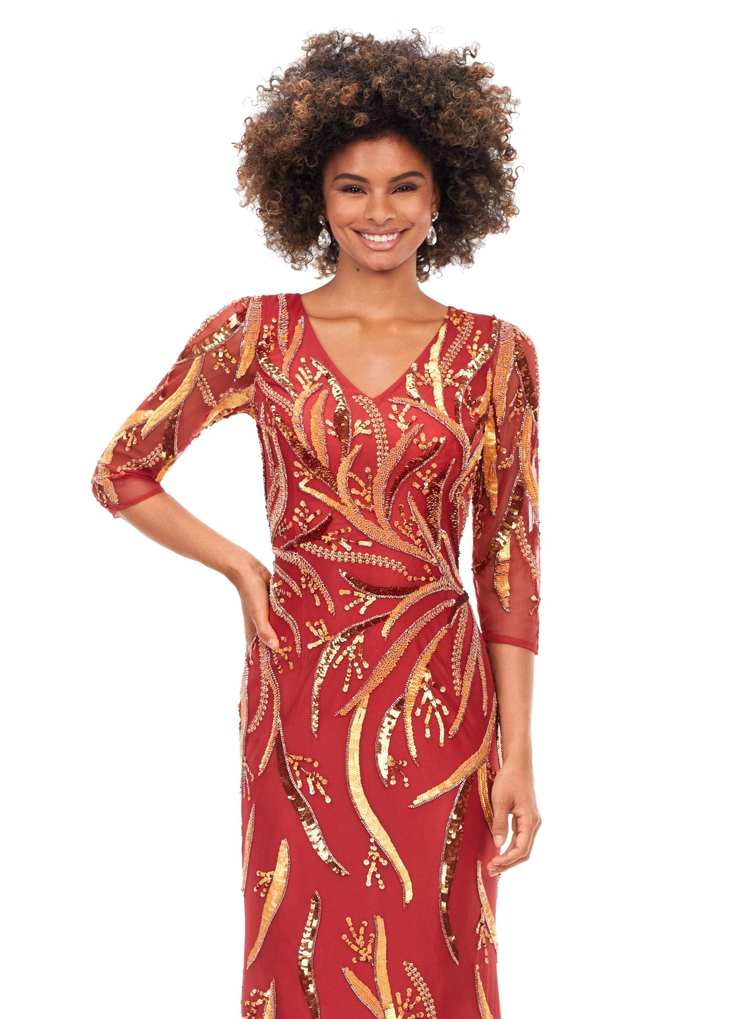Front. Light Amber ASHLEYlauren 11205 Sophisticated Fitted Gown with V-Neckline, Fully Sequin Beaded Design, Three Quarter Sleeves, High Back, and Sweep Train