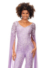 Front. Lilac ASHLEYlauren 11254 statement-making jumpsuit featuring a V-neckline bustier, intricate lace applique, sequin embellishments, and dramatic chiffon floor-length sleeves for a bold and glamorous entrance.