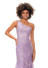 Front. Lilac ASHLEYlauren 11334 One Shoulder Sequin Gown with Lace Appliqué Bodice, Fitted Skirt, Full Zipper Back, and Sweep Train