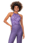Front. Lilac ASHLEYlauren 11339 unique halter-style jumpsuit featuring an intricately hand-beaded bodice, open back, and flowing wide-leg pants for a bold and sophisticated statement look.