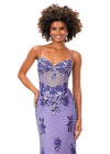 Front. Lilac ASHLEYlauren 11362 elegant spaghetti strap gown featuring a sweetheart neckline, sheer illusion bustier adorned with intricate sequin details that cascade onto the skirt and hemline, and a sweep train for a glamorous and sophisticated look.