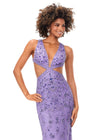 Front. Lilac ASHLEYlauren 11366 stunning hand-beaded gown featuring a deep V-neckline, intricate bead pattern, side cut outs, a lace-up open back, and a sweep train for a bold and glamorous statement look.