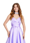 Front. Lilac ASHLEYlauren 11473 elegant A-line satin ball gown featuring a strapless sweetheart neckline, ruched bustier, and a fully beaded matching choker for a timeless and glamorous look.